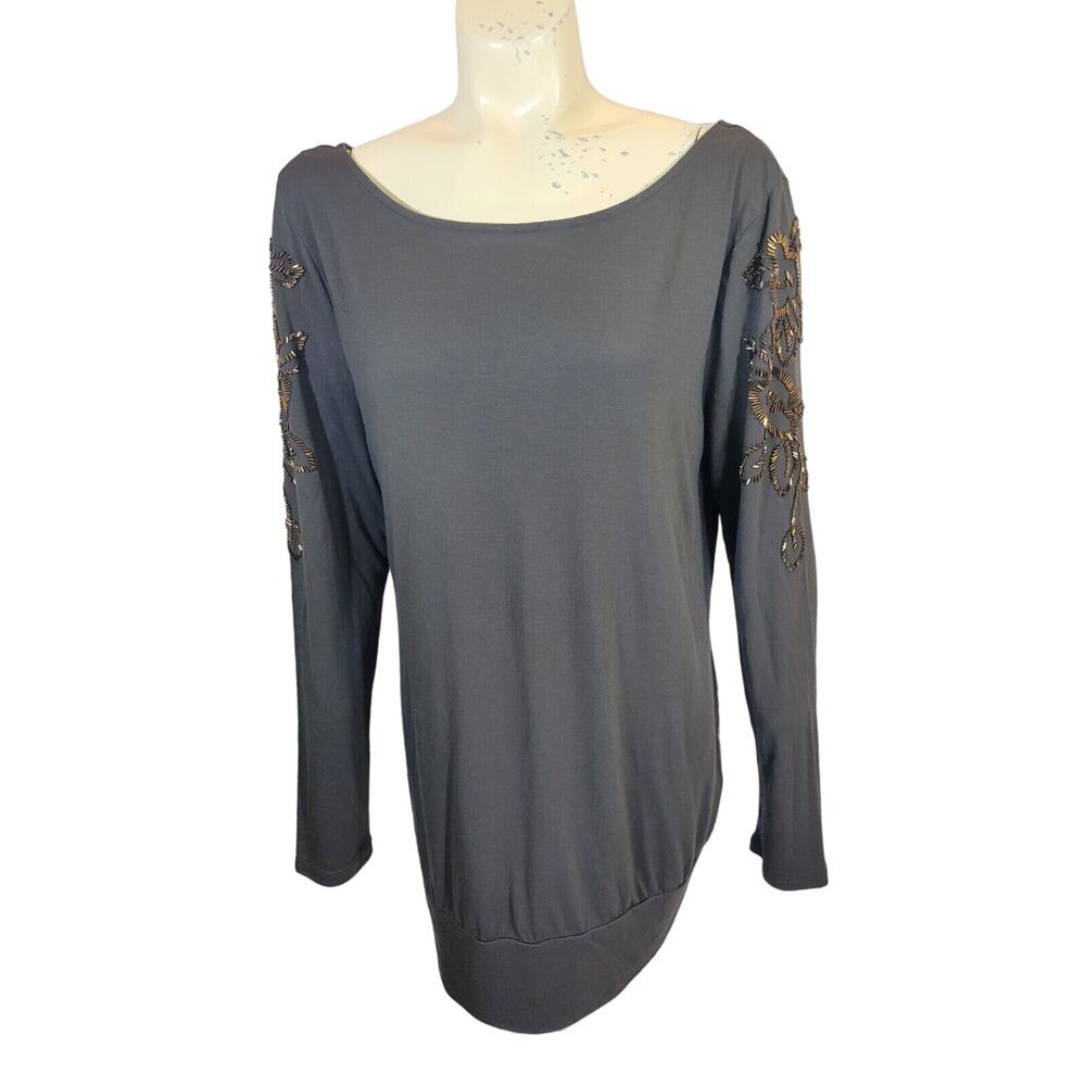 Jennifer Lopez Top Women's Size Large Charcoal Gray Floral Beaded Long‎ Sleeve